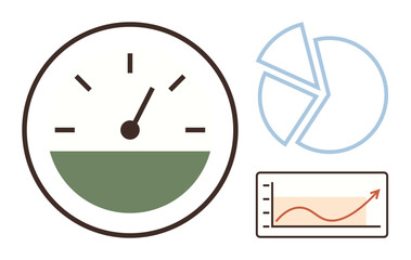 Analog speedometer with pointer, pie chart, and upward-trending graph indicating data analysis, performance monitoring, progress tracking, metrics evaluation, business growth, reporting, and success