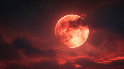 A dramatic blood moon rises through fiery red clouds, creating a mysterious, powerful atmosphere. Ideal for fantasy, horror, or night-themed visuals.