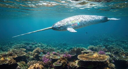 Narwhal swimming over coral reef
