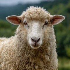 Fototapeta premium Close up portrait of a fluffy sheep in a green field
