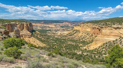 Canyon vista with colorful sandstone cliffs and scrub brush.