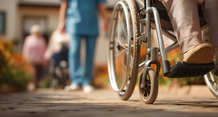 Obraz premium A nurse is pushing an elderly woman in her wheelchair, with a close-up shot of the wheels on the wheelchair and both of their legs Generative AI