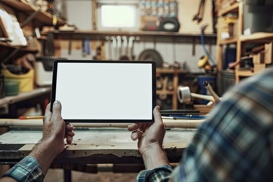 High Quality Visual of Handyman Showing Digital Tablet with Blank Screen on Workbench