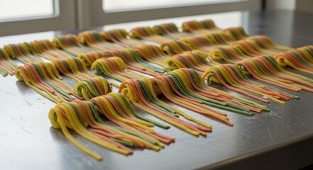 Colorful pasta on metal surface