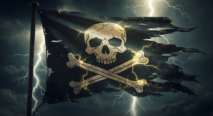 Dramatic tattered pirate flag (Jolly Roger) with skull and crossbones flying in a powerful thunderstorm, illuminated by striking lightning. Perfect for themes of risk, rebellion, and adventure