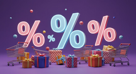 Dynamic 3D render of glowing percentage symbols, shopping carts, and colorful gift boxes on a purple background, ideal for depicting exciting sales, massive discounts, and festive holiday shopping