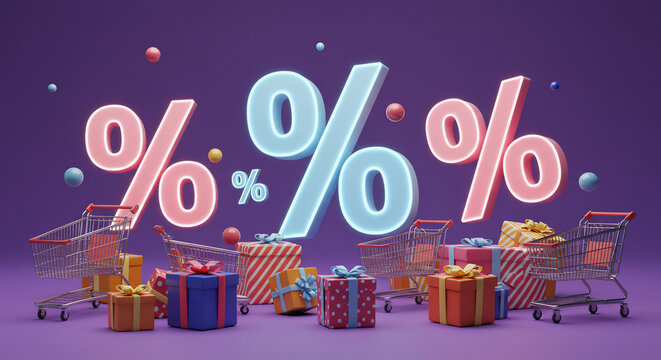 Dynamic 3D render of glowing percentage symbols, shopping carts, and colorful gift boxes on a purple background, ideal for depicting exciting sales, massive discounts, and festive holiday shopping - Powered by Adobe