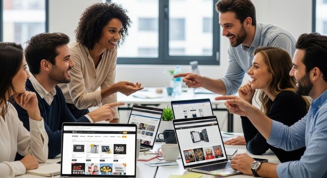 Happy diverse team collaborates on Black Friday promotion strategy, laptop screens showing online sales.