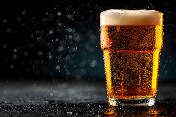 A glass of beer on a dark background.