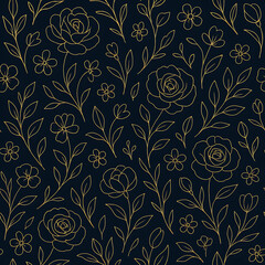 Elegant Gold Line Art Floral Seamless Pattern on Dark Background.