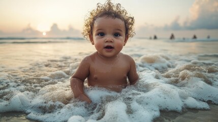 Adorable baby playing in the ocean waves at sunset.
