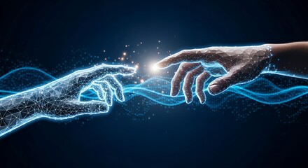 Digital Hands Reaching Out to Connect with Glowing Light in Futuristic Technology Scene