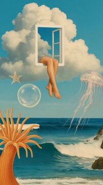 Surreal video concept with a low-angle view of a window in the sky, legs dangling, ocean waves, and floating sea creatures against a cloud backdrop. Live mobile wallpaper.