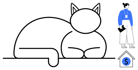 Minimalist feline resting, professional person holding a folder, house with dollar icon. Ideal for pet care, finance, business, real estate, lifestyle simplicity minimalism. Simple flat metaphor