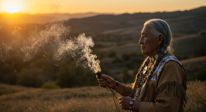 Elderly Indigenous person performing a traditional smoke ceremony at sunset, surrounded by nature. Represents spirituality, wisdom, cultural heritage, and healing rituals in a serene setting - Powered by Adobe