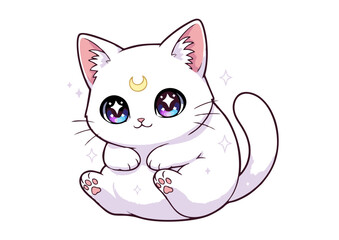 Fototapeta premium Adorable white magical kitten with a crescent moon on its forehead and sparkling galaxy eyes. A cute anime-style vector illustration.
