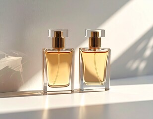 Botellas de perfume para mockup con fondo blanco liso minimalista con sombras