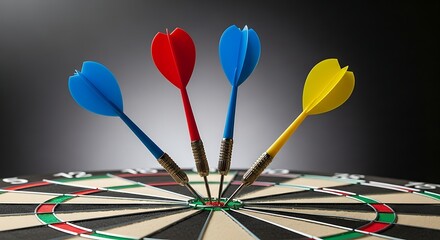 Precision and Focus: Colorful Darts Hitting the Bullseye on a Dartboard