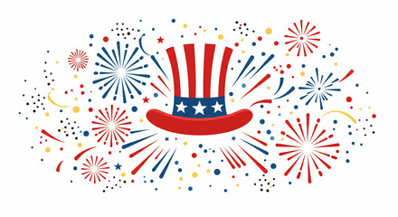 Fototapeta premium Festive vector illustration of a patriotic Uncle Sam hat with stars and stripes, surrounded by colorful fireworks and confetti bursts. Ideal for Fourth of July celebrations, American holidays, and