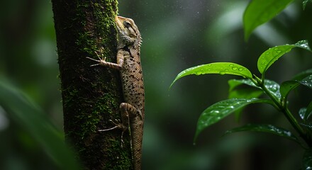 Naklejka premium Close-Up of a Lizard Resting on a Tree Trunk in a Tropical Forest