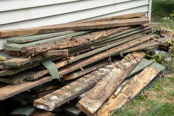 Pile of Rotten Decayed Damaged Wood During a Home Renovation Project