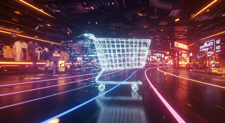 Futuristic glowing wireframe shopping cart speeding through a neon-lit digital commerce street. Concept for high-tech e-commerce, metaverse shopping, and online retail