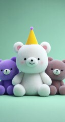 Three teddy bears in pastel colors