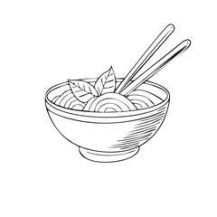 Line art drawing of a delicious Asian noodle bowl with chopsticks and fresh herbs