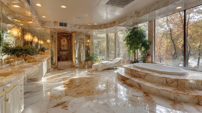 Luxurious marble bathroom with expansive windows