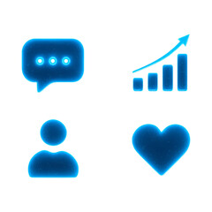 Fototapeta premium Glowing Blue Neon Social Media Icons Set with Chat, Growth, User, and Heart