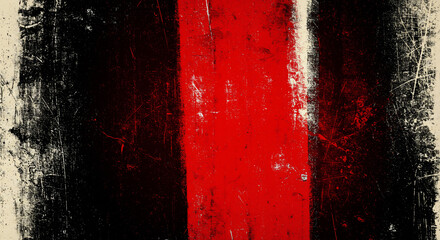 Grungy abstract background featuring a vibrant red vertical stripe centered between dark black and distressed off-white edges. This heavily textured, scratched, and worn design evokes a raw, urban