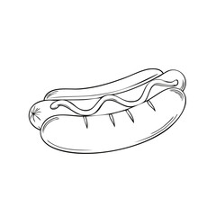 Line art of a hot dog with mustard, simple black and white drawing, food illustration