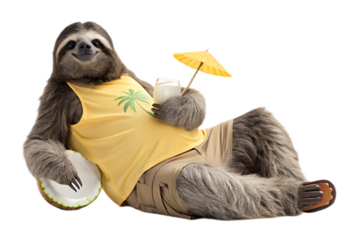 A sloth relaxing with a drink and a coconut wearing a yellow shirt and brown shorts on a black background