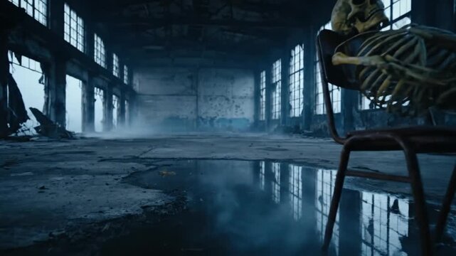 Skeleton resting on metal chair in large empty warehouse with puddles and blue light