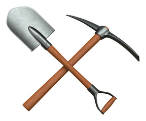 Crossed shovel and pickaxe isolated on background 3d render