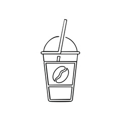 Outline of a coffee cup with coffee bean icon and straw