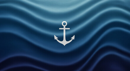 Minimalist white anchor symbol against a serene wavy deep blue background, evoking nautical themes, stability, and calm. Ideal for maritime, travel, or conceptual designs