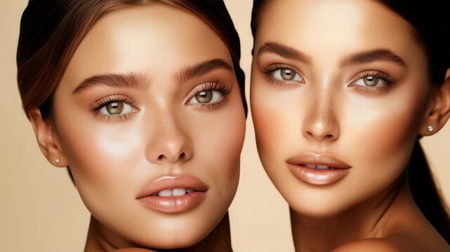 Features two women with flawless, radiant skin. Their natural makeup enhances their features, promoting serene, youthful look against neutral backdrop, creating harmonious scene.