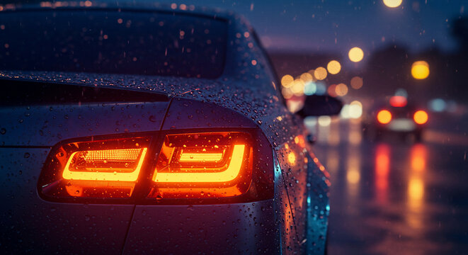 Modern car's LED taillights illuminated in heavy rain at night on a wet city street, with blurred bokeh traffic lights. Captures urban driving, safety, and atmospheric weather conditions