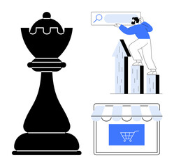 Giant chess piece symbolizing strategy, person searching atop bar graph showing growth, and online shopping storefront. Ideal for business planning, growth strategy, e-commerce, market trend
