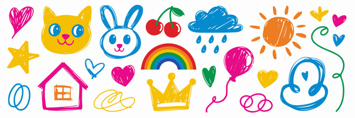 Collection of colorful children's drawings of animals, objects, and nature.