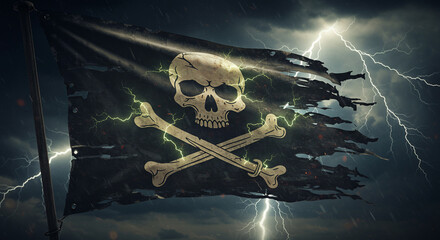 Ominous, tattered pirate flag (Jolly Roger) with glowing skull and crossbones, flying under a dark, stormy sky with vivid lightning. Perfect for themes of danger, power, adventure, and rebellion
