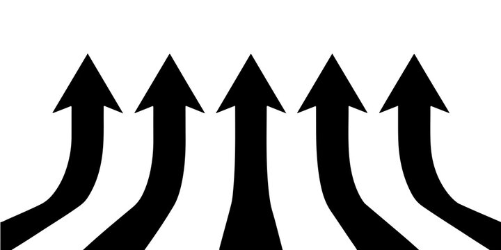 Dynamic Convergence: Five Bold Black Arrows Ascending Upward on a Clean White Canvas, Showcasing Progress and Movement
