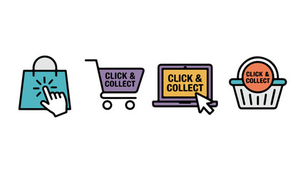 Colorful Click and Collect Icon Set Featuring Shopping Bag, Cart, Laptop, and Basket on White Background