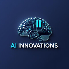 Obraz premium Glowing circuit brain with vertical bars and text ai innovations on a navy colored plain surface