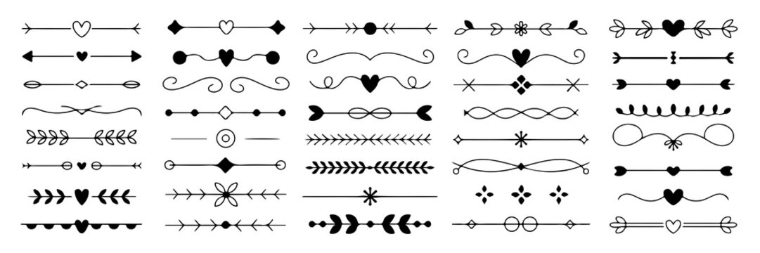 Elegant Vector Dividers Collection Featuring Hearts, Arrows, and Floral Elements Perfect for Wedding Invitations and Delicate Design Projects - Powered by Adobe