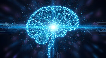 Abstract glowing blue neural network brain on dark background