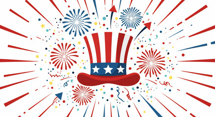 Obraz premium Patriotic Uncle Sam hat with festive red, white, and blue fireworks and confetti bursts on a white background, perfect for US national holidays like Fourth of July, Memorial Day, or political events