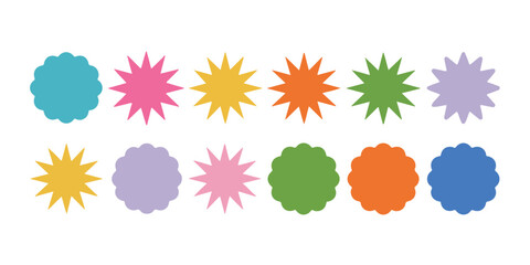 A vibrant collection of colorful starburst and scalloped circle shapes, perfect for use as badges, labels, or stickers.