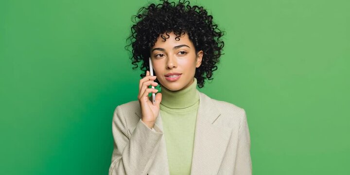A promotional image of a modestly dressed 35-year-old American adult female, standing and holding her phone, speaking into it to send a voice message, casual posture, realistic lighting